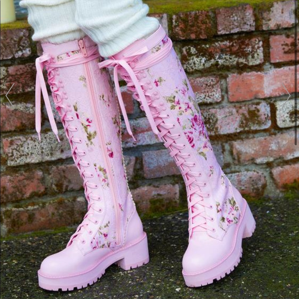 SOLD New Sugar Thrillz On The Vine Pink Floral Knee High Boots